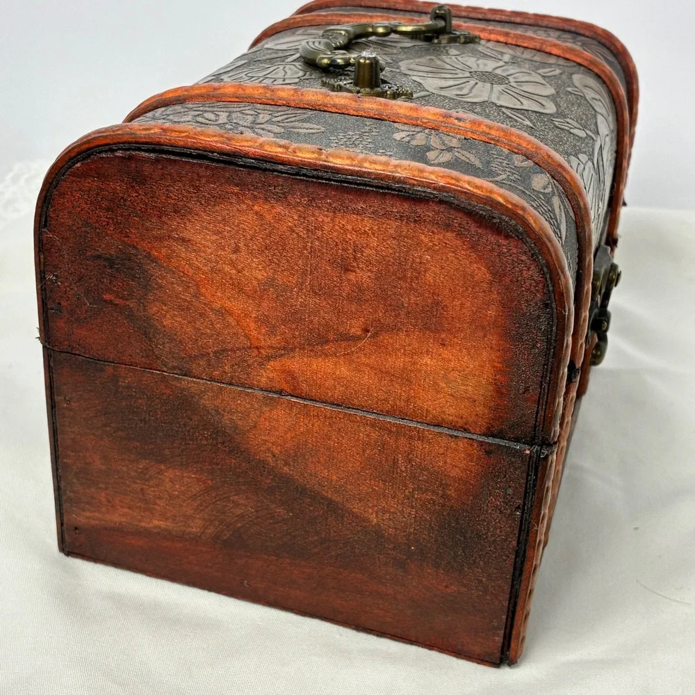Treasure Chest Floral Embossed Wood Trunk Trinket Keepsake Box Rustic Cottage